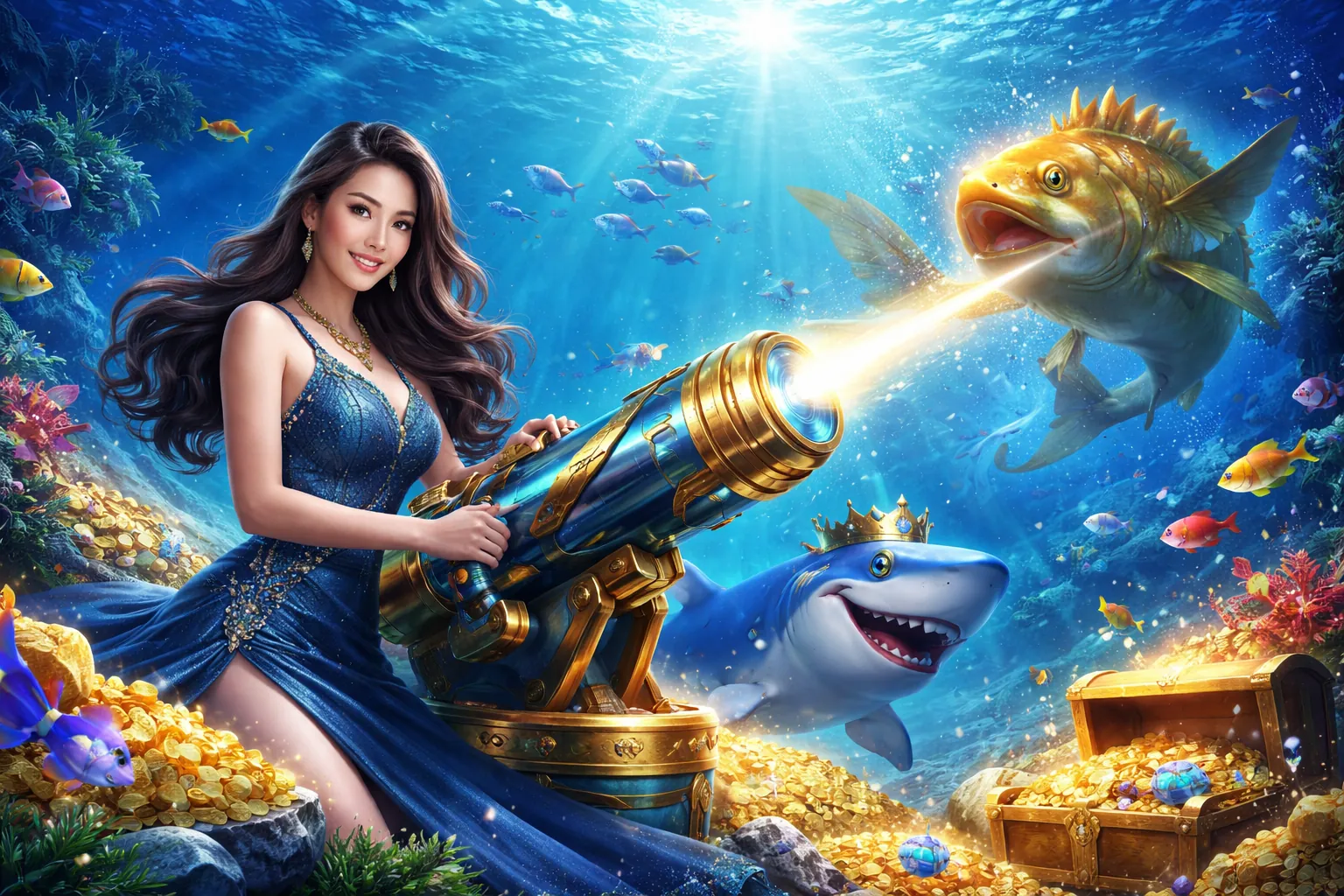 Hình ảnh đại dương rực rỡ với nhiều loài cá và súng bắn cá hiện đại, minh họa chiến lược chơi bắn cá điểm cao tại nhà cái winmax.